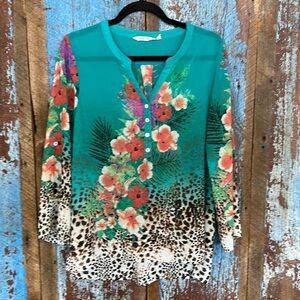 Soft Surroundings Top Size PS Green Sheer Floral and Leopard Print Blouse